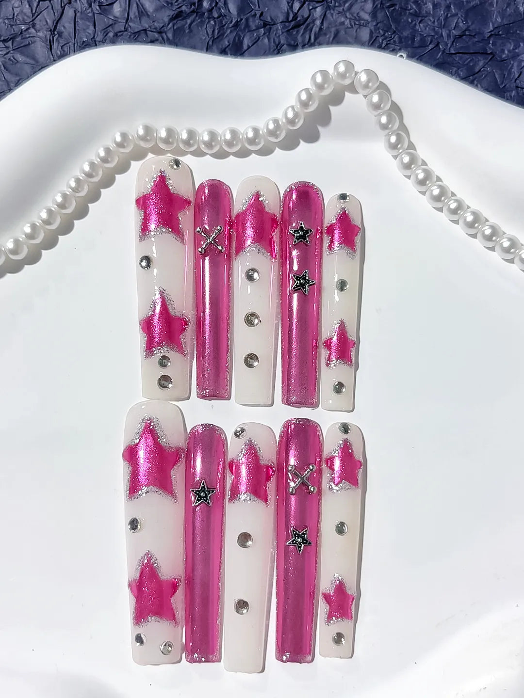 Pink White Silver Metallic Star Rhinestone 3D press on nails detail view