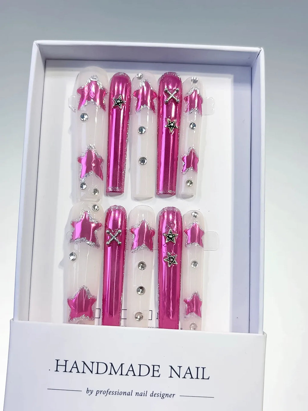 Pink White Silver Metallic Star Rhinestone 3D press on nails full set view