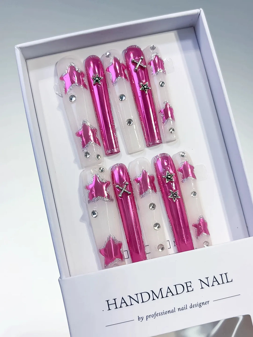 Pink White Silver Metallic Star Rhinestone 3D press on nails angled view