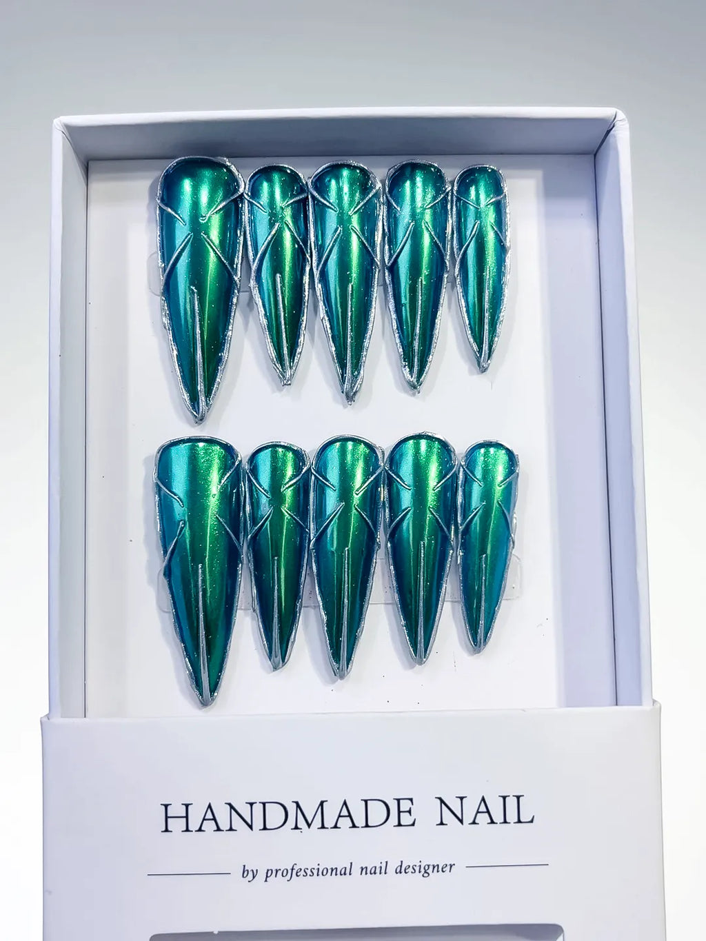 Green Black Metallic press on nails full set view