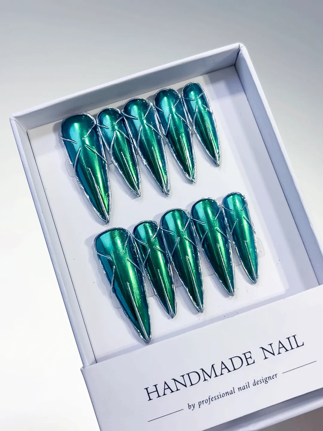Green Black Metallic press on nails angled view