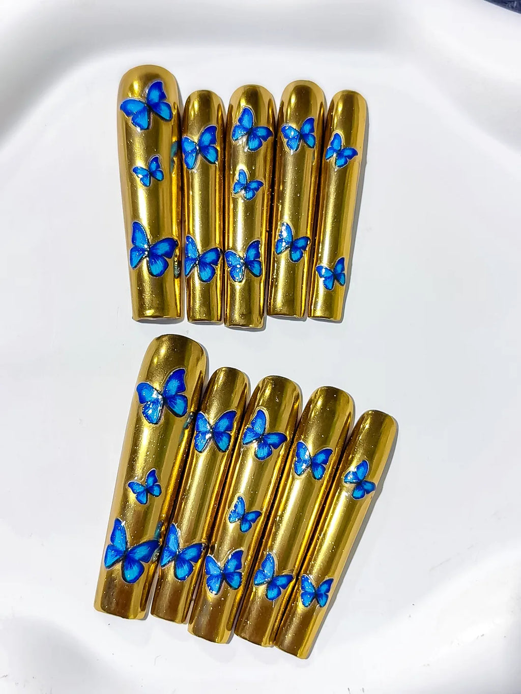 Gold Blue Metallic Butterfly press on nails detail view