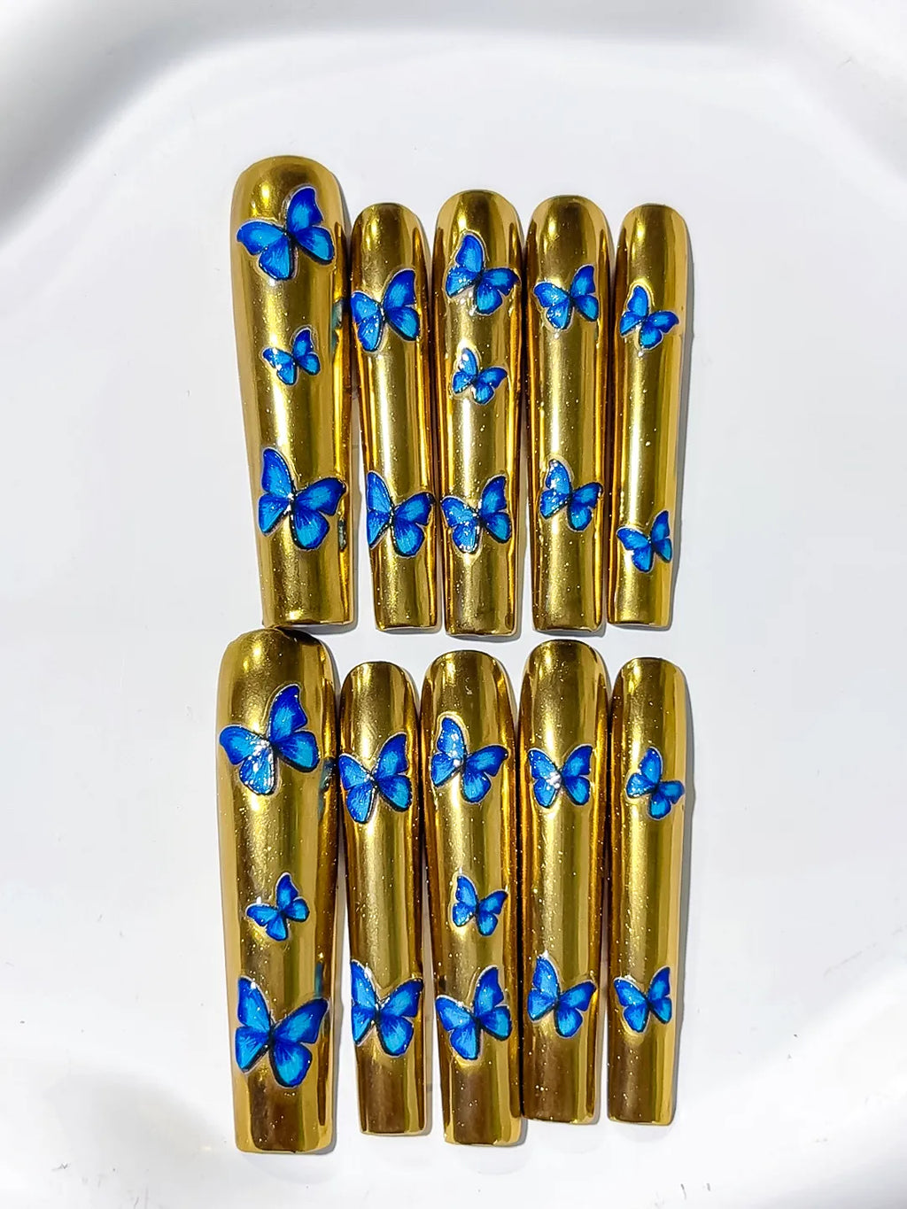 Gold Blue Metallic Butterfly press on nails close up