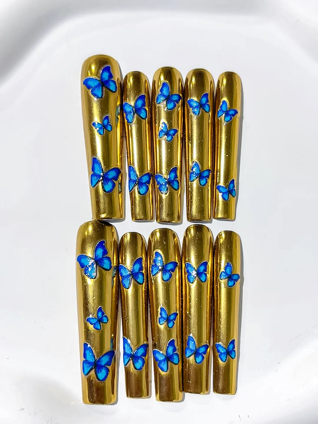 Gold Blue Metallic Butterfly press on nails close up