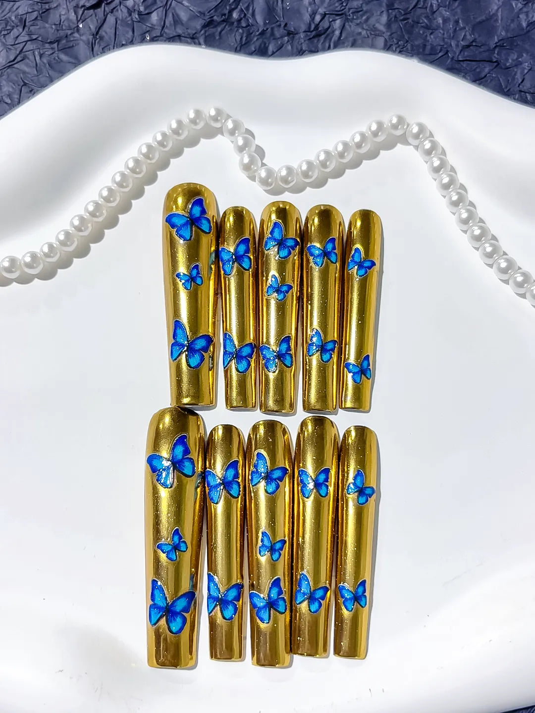 Gold Blue Metallic Butterfly press on nails detail view