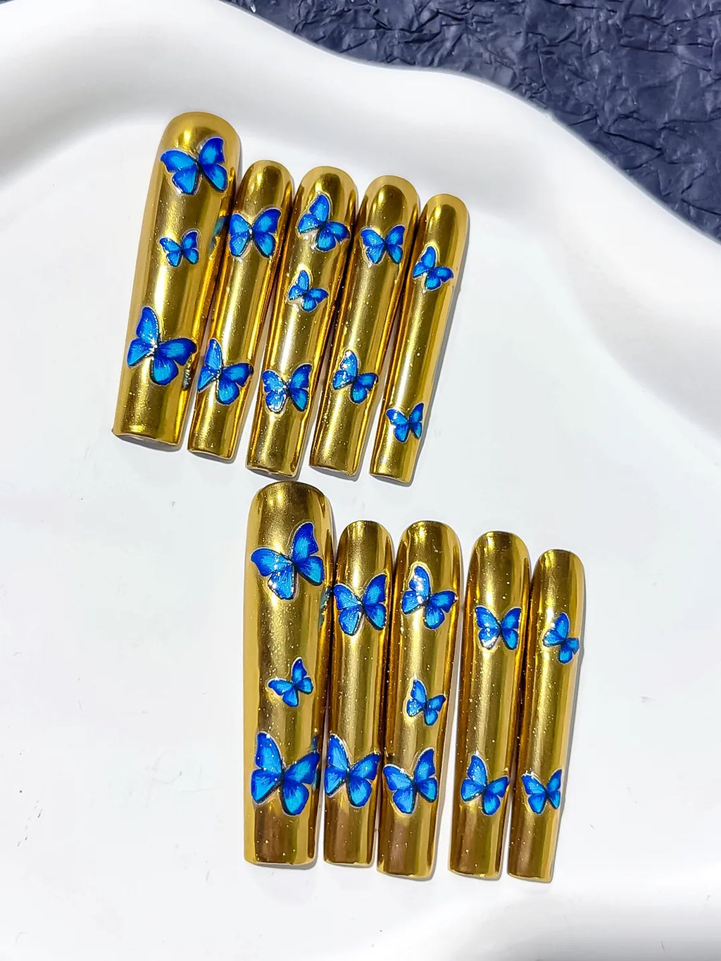 Gold Blue Metallic Butterfly press on nails detail view