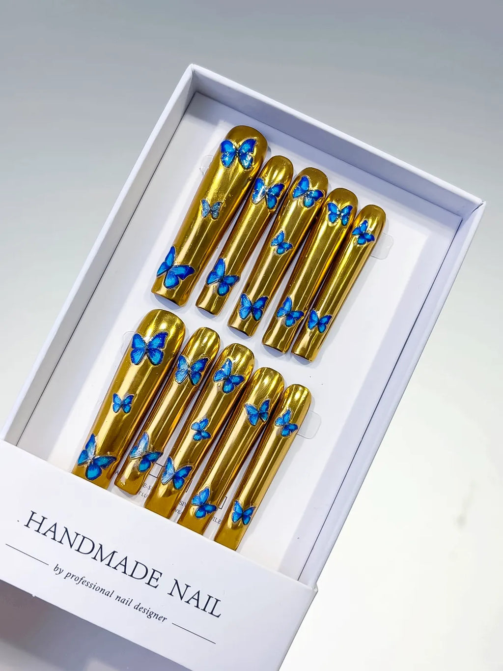 Gold Blue Metallic Butterfly press on nails