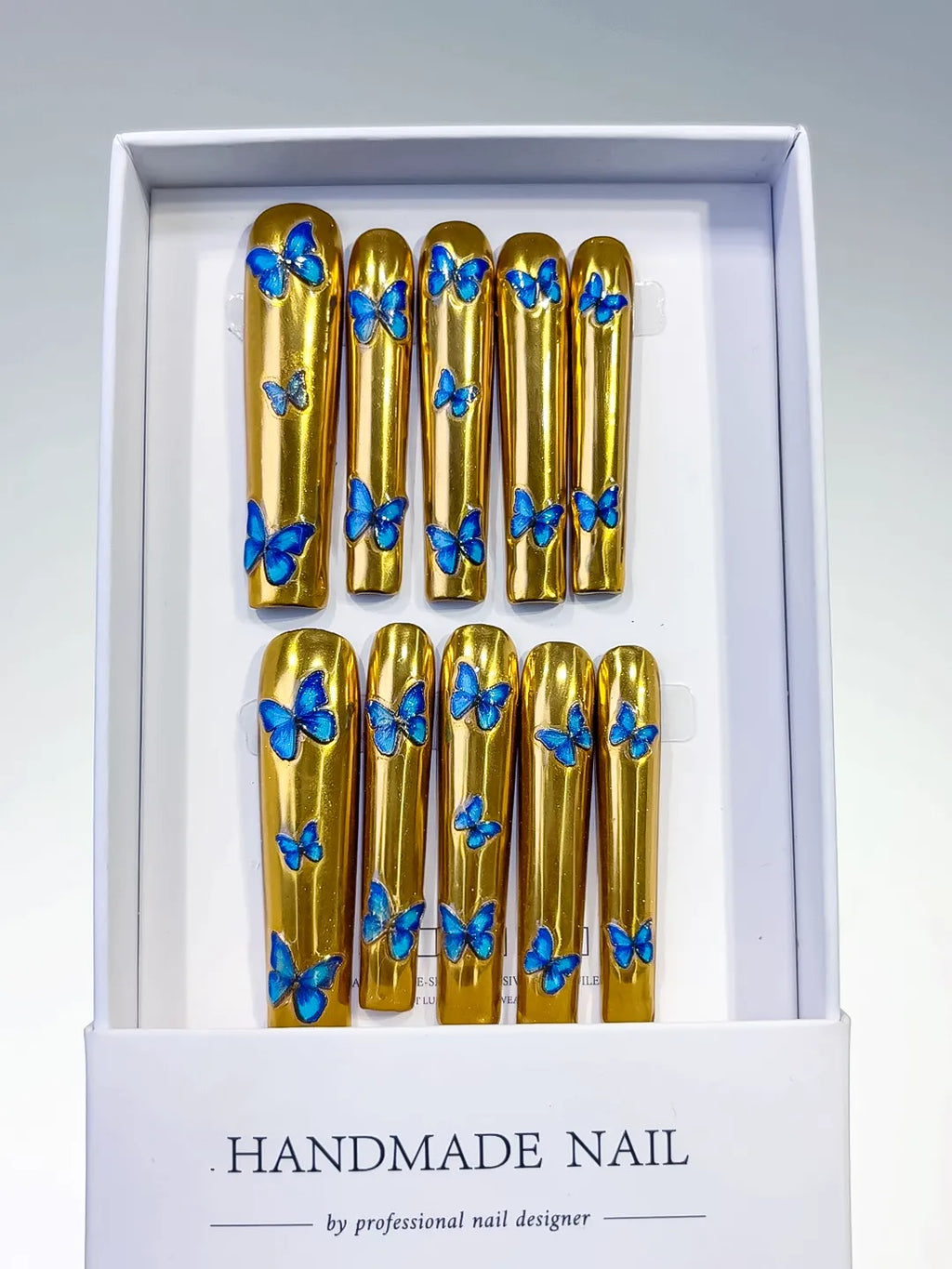 Gold Blue Metallic Butterfly press on nails full set view