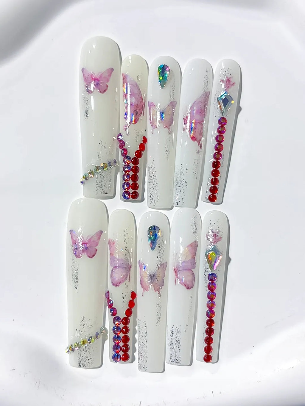White Pink Red Silver Solid color Butterfly Rhinestone press on nails detail view