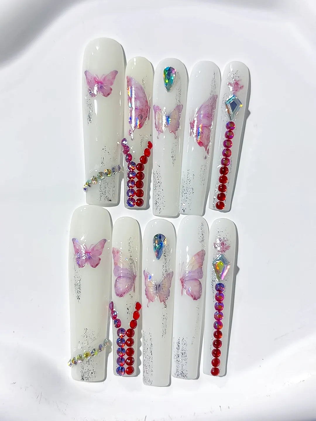 White Pink Red Silver Solid color Butterfly Rhinestone press on nails detail view