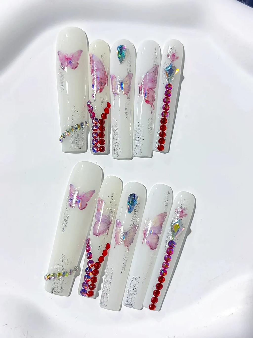 White Pink Red Silver Solid color Butterfly Rhinestone press on nails close up