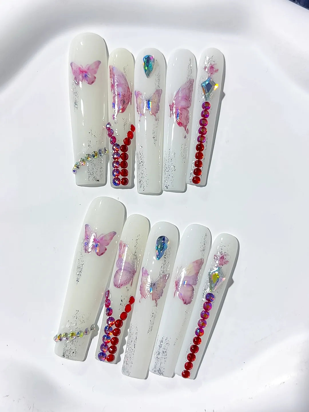 White Pink Red Silver Solid color Butterfly Rhinestone press on nails close up