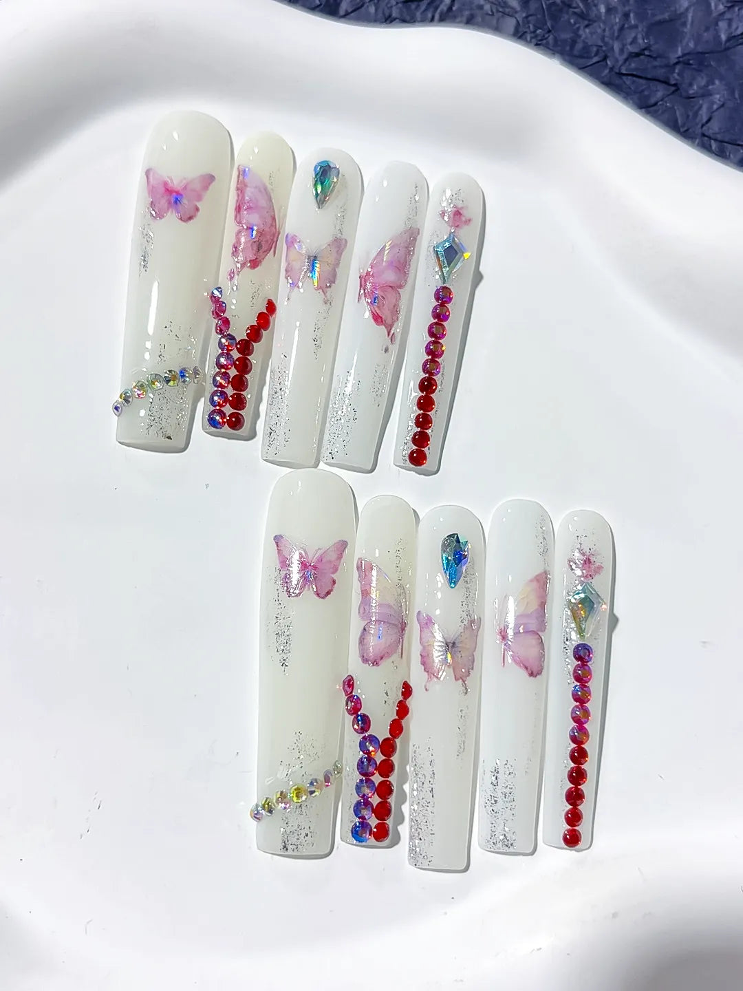 White Pink Red Silver Solid color Butterfly Rhinestone press on nails detail view