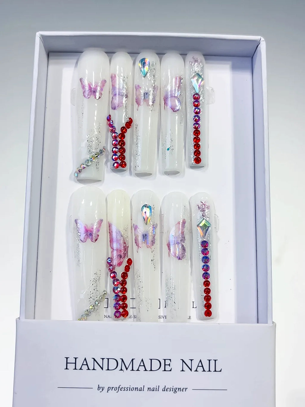 White Pink Red Silver Solid color Butterfly Rhinestone press on nails full set view