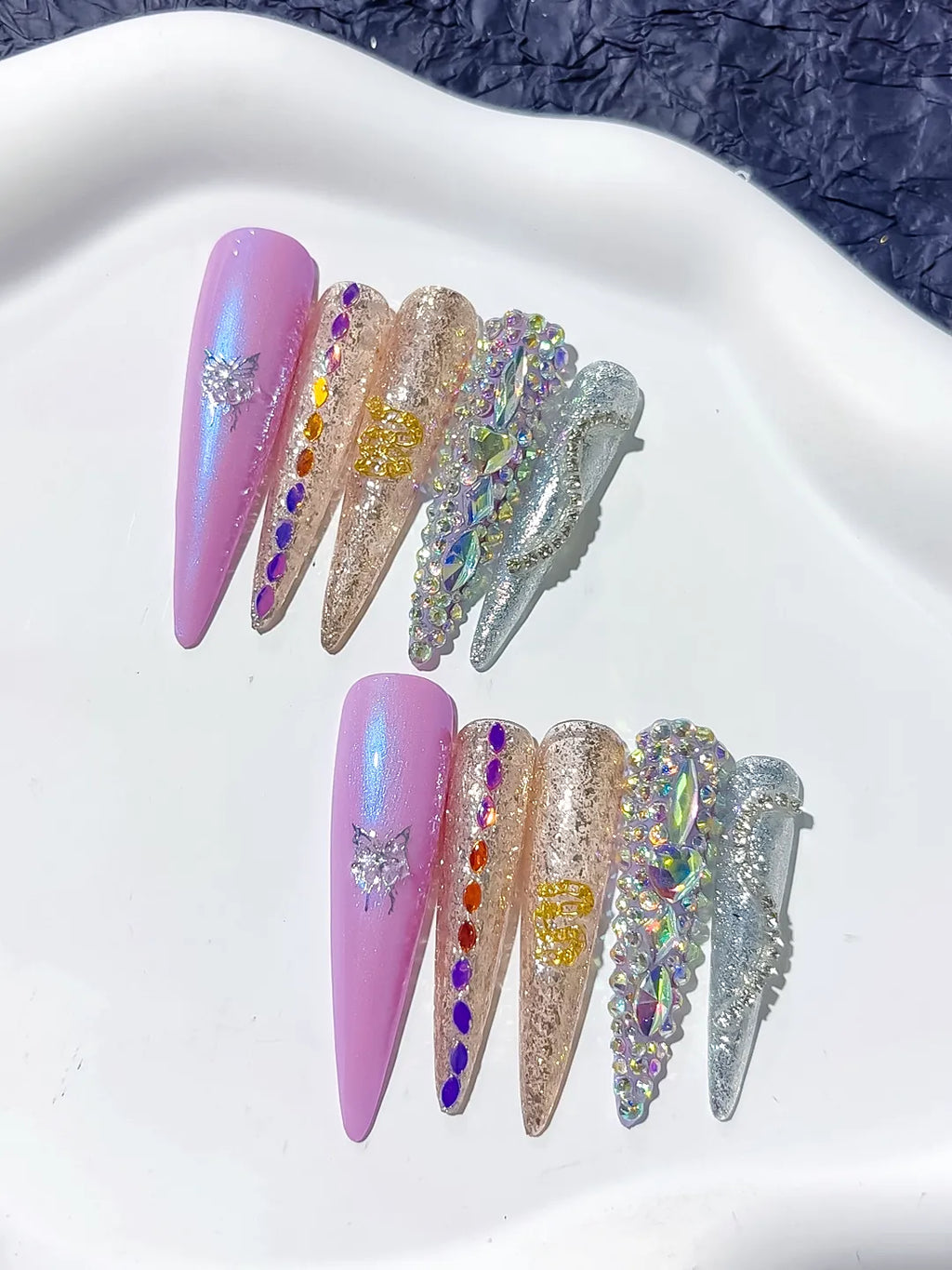 Purple Gold Silver Multicolor Glitter Butterfly Rhinestone 3D press on nails detail view