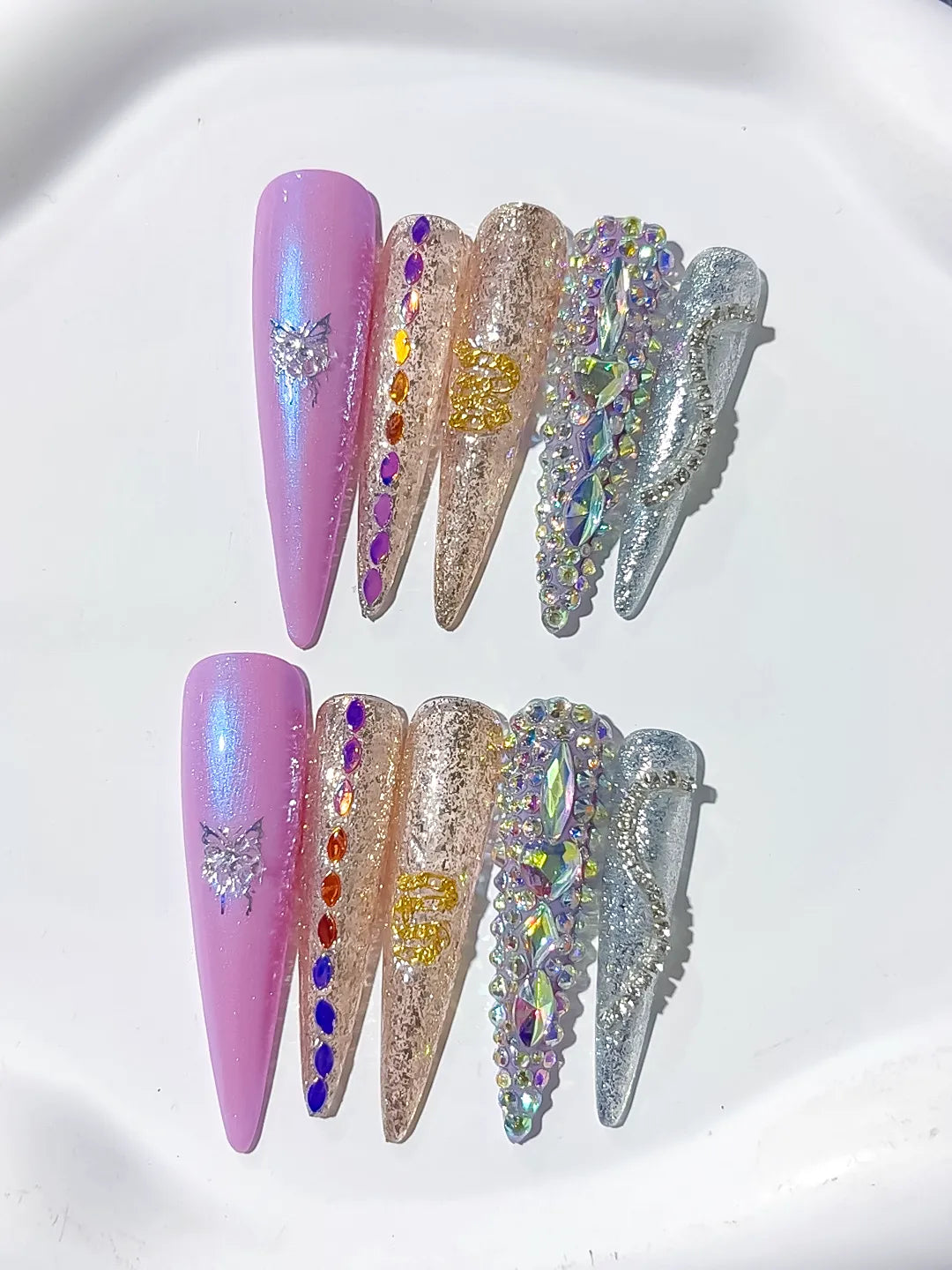 Purple Gold Silver Multicolor Glitter Butterfly Rhinestone 3D press on nails close up