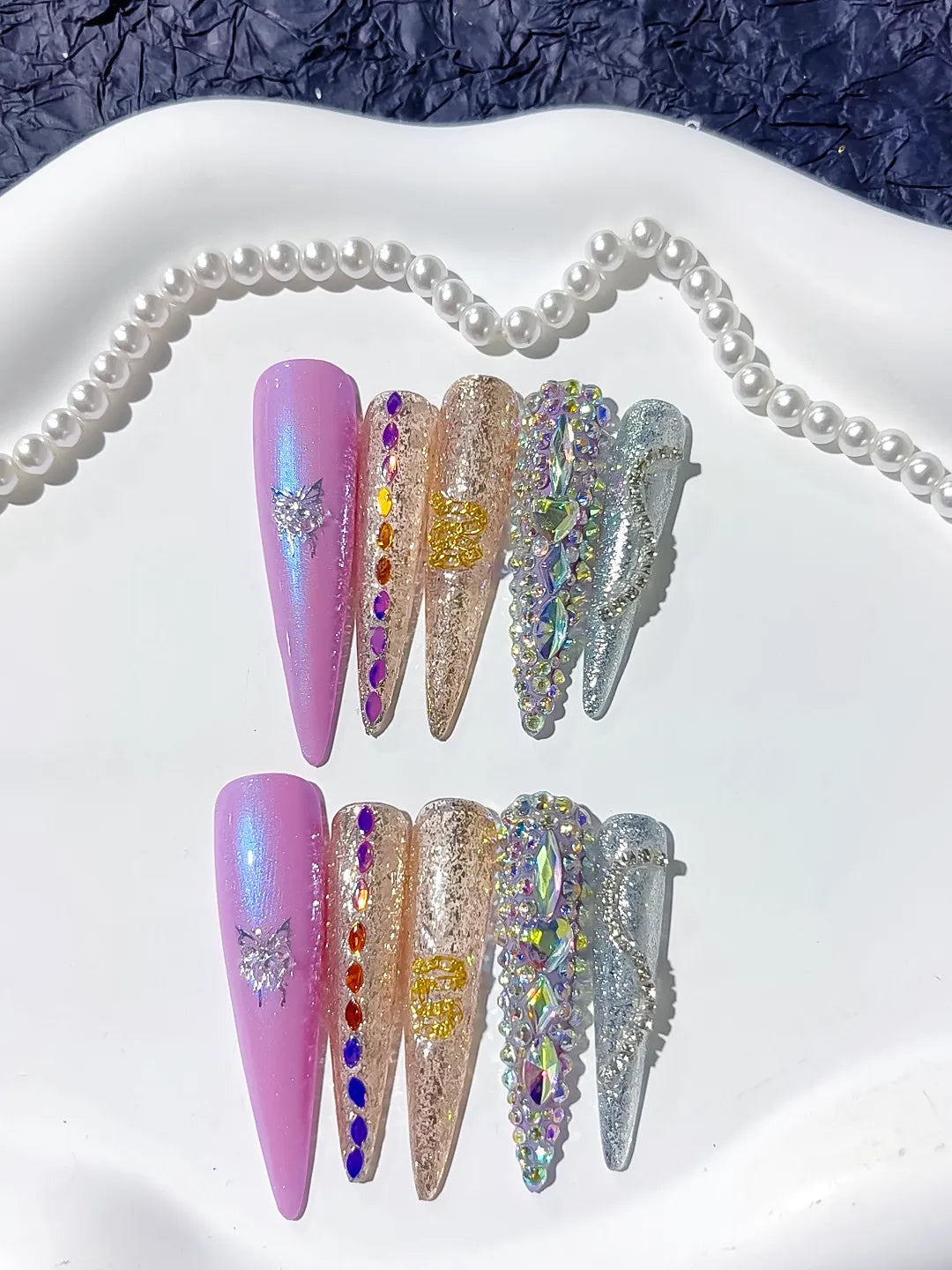 Purple Gold Silver Multicolor Glitter Butterfly Rhinestone 3D press on nails detail view