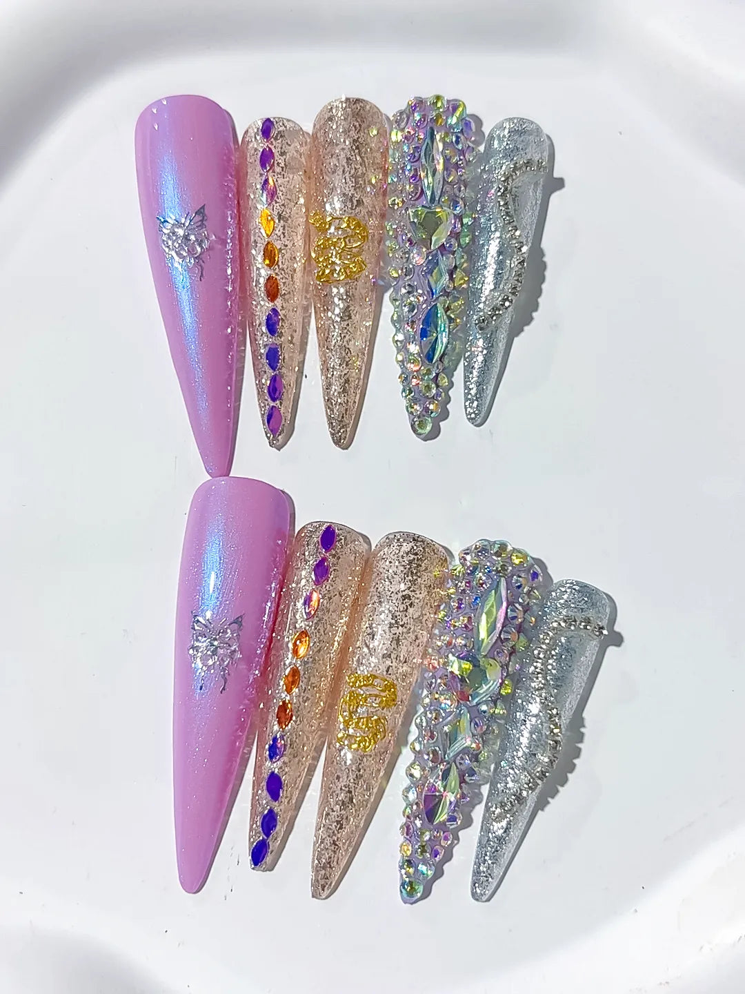 Purple Gold Silver Multicolor Glitter Butterfly Rhinestone 3D press on nails detail view