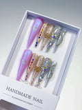 Purple Gold Silver Multicolor Glitter Butterfly Rhinestone 3D press on nails