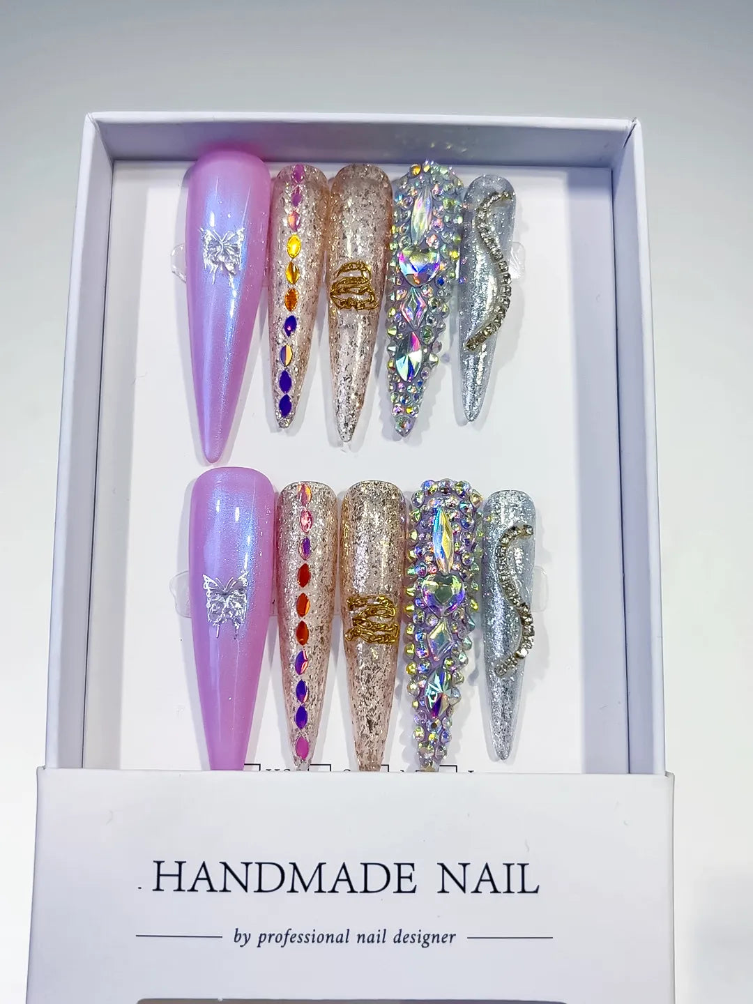 Purple Gold Silver Multicolor Glitter Butterfly Rhinestone 3D press on nails full set view