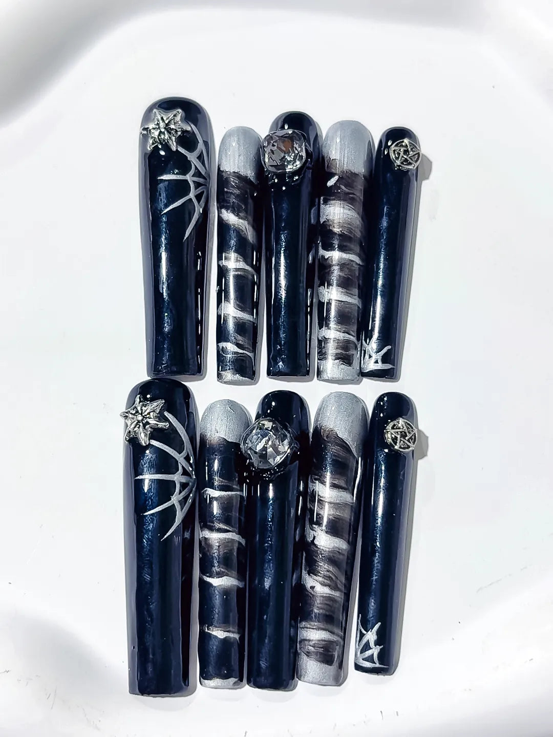 Black White Abstract Spider Web press on nails close up