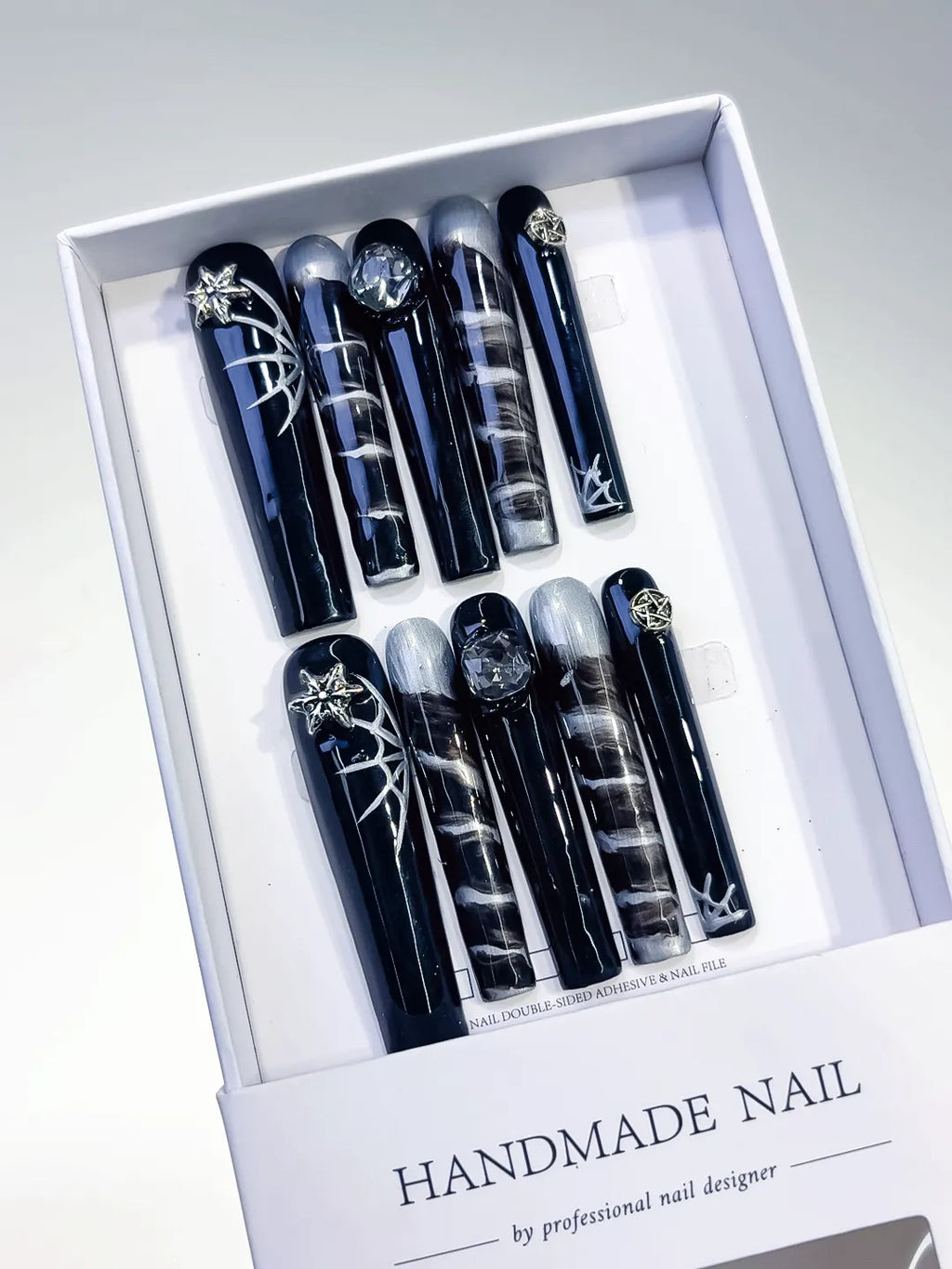 Black White Abstract Spider Web press on nails angled view