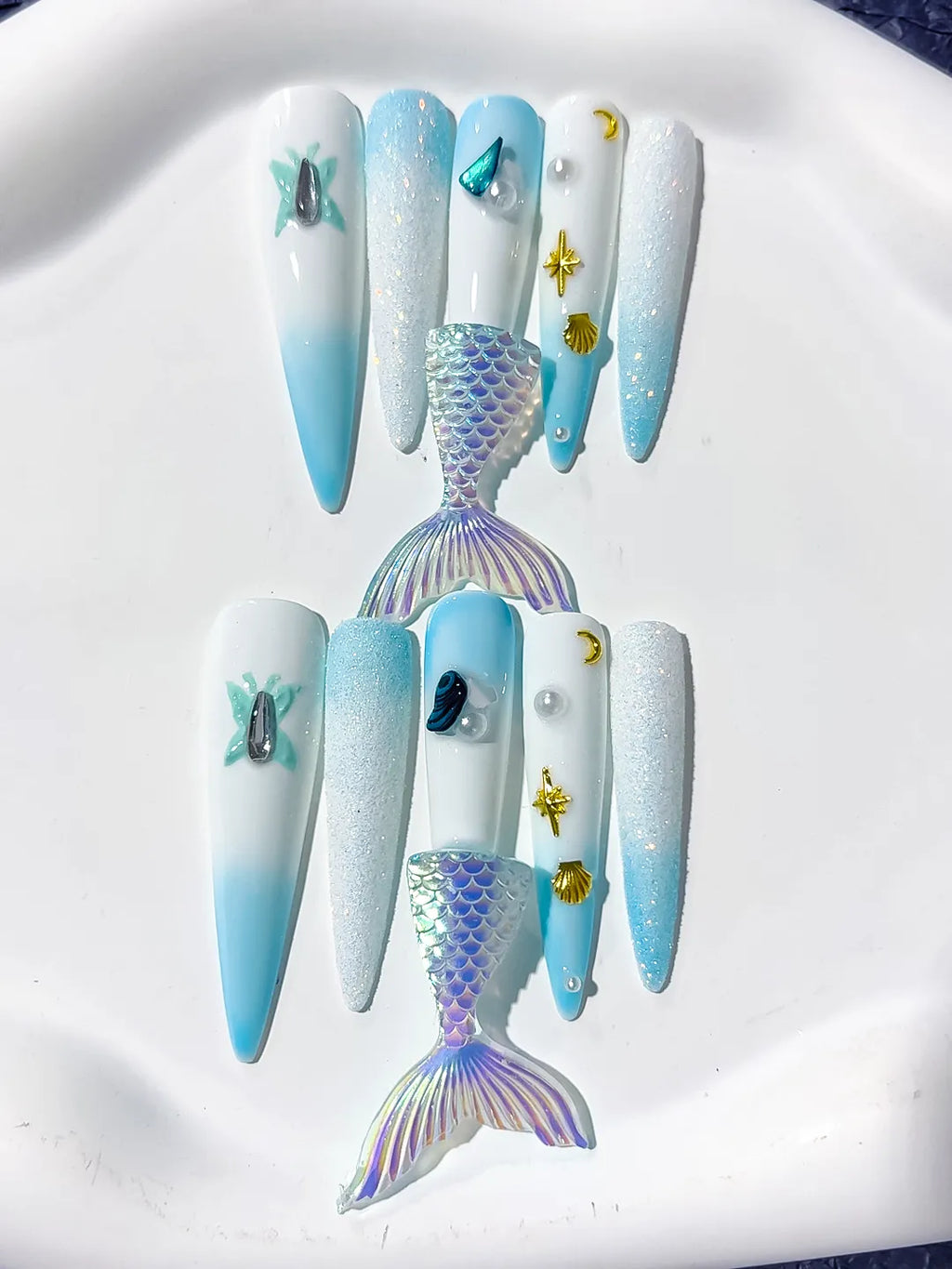 White Blue Gold Silver Multicolor Ombre Mermaid Tail Shell Pearl Starfish 3D press on nails detail view