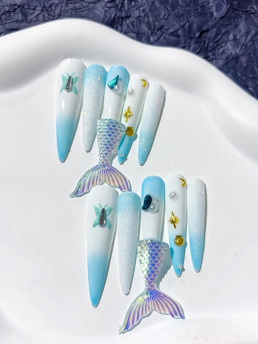 White Blue Gold Silver Multicolor Ombre Mermaid Tail Shell Pearl Starfish 3D press on nails close up