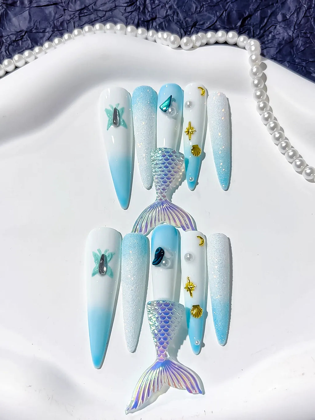 White Blue Gold Silver Multicolor Ombre Mermaid Tail Shell Pearl Starfish 3D press on nails detail view