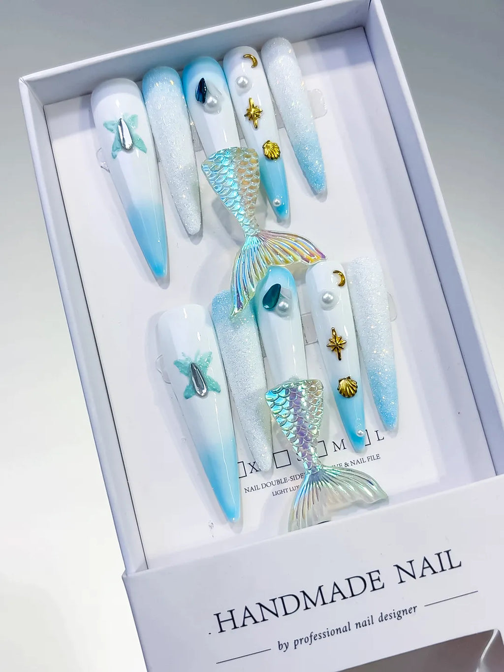 White Blue Gold Silver Multicolor Ombre Mermaid Tail Shell Pearl Starfish 3D press on nails angled view