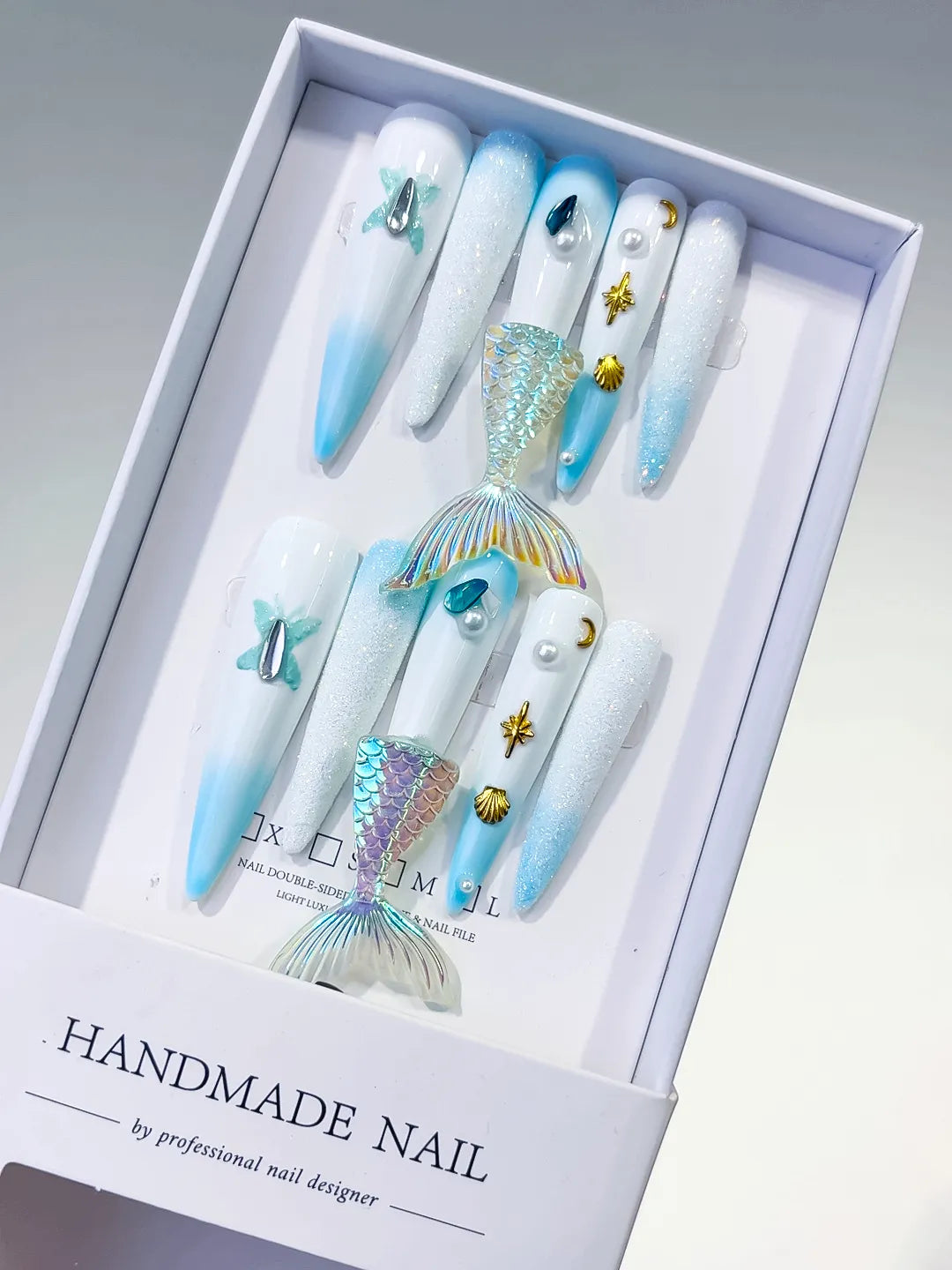 White Blue Gold Silver Multicolor Ombre Mermaid Tail Shell Pearl Starfish 3D press on nails