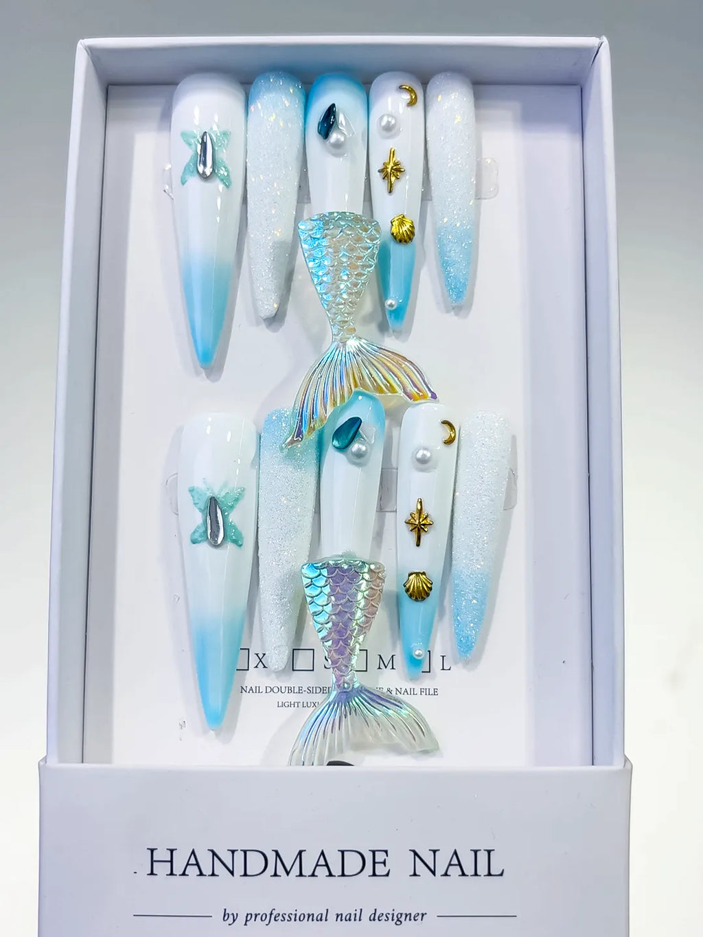 White Blue Gold Silver Multicolor Ombre Mermaid Tail Shell Pearl Starfish 3D press on nails full set view