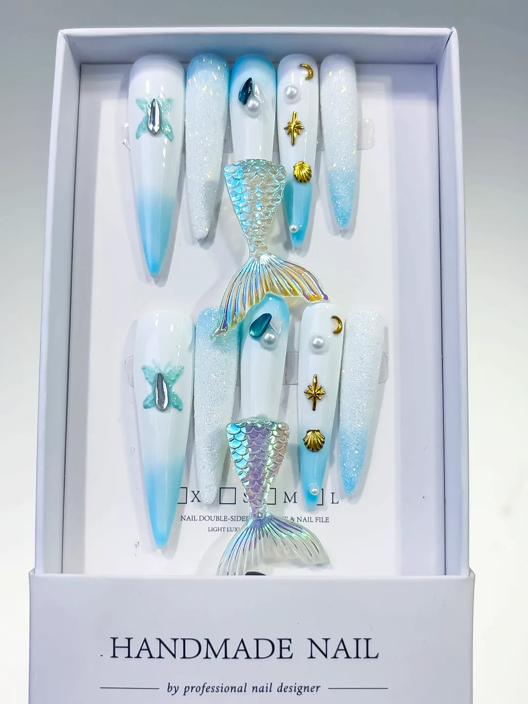 White Blue Gold Silver Multicolor Ombre Mermaid Tail Shell Pearl Starfish 3D press on nails full set view