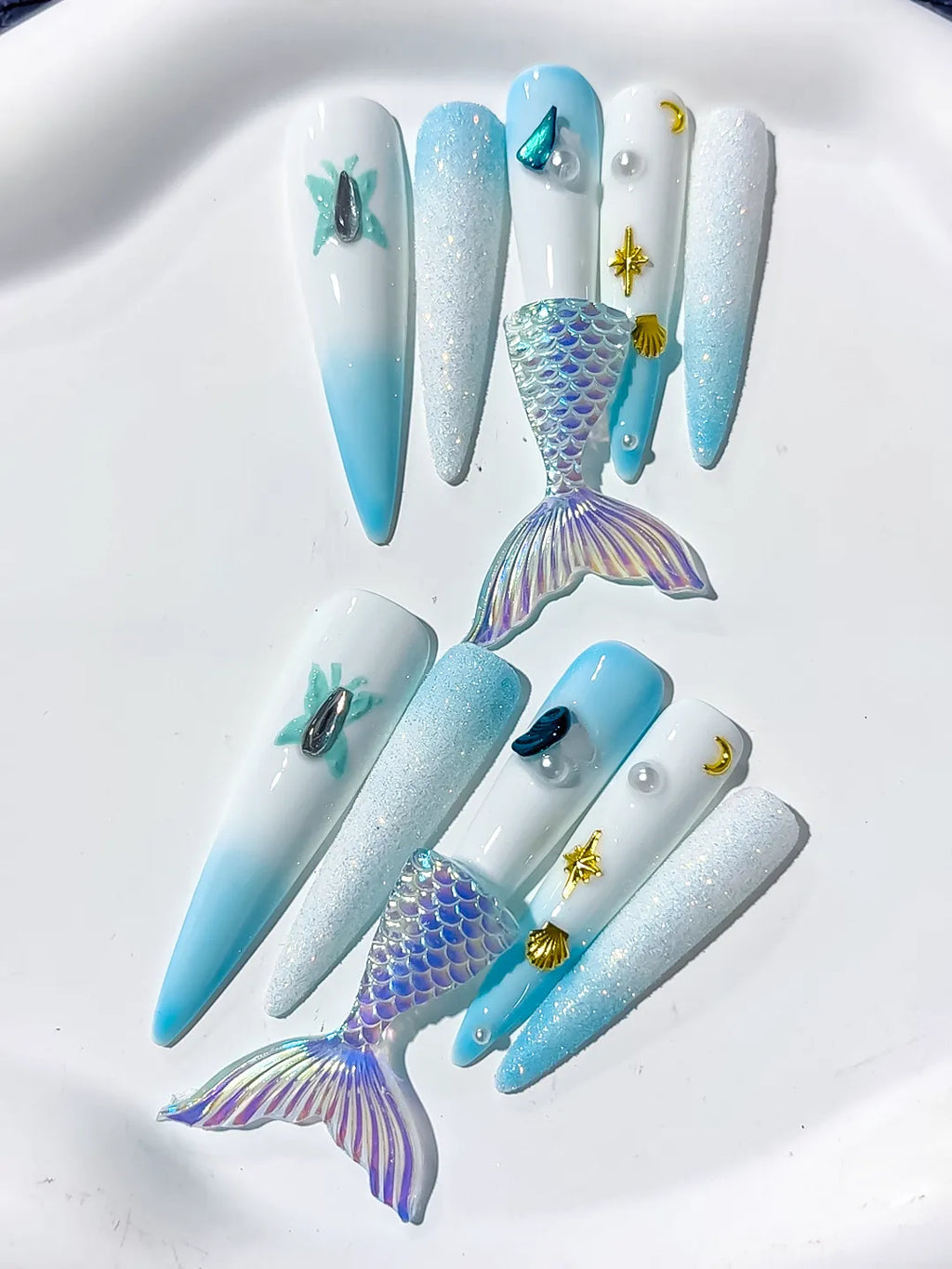 White Blue Gold Silver Multicolor Ombre Mermaid Tail Shell Pearl Starfish 3D press on nails detail view