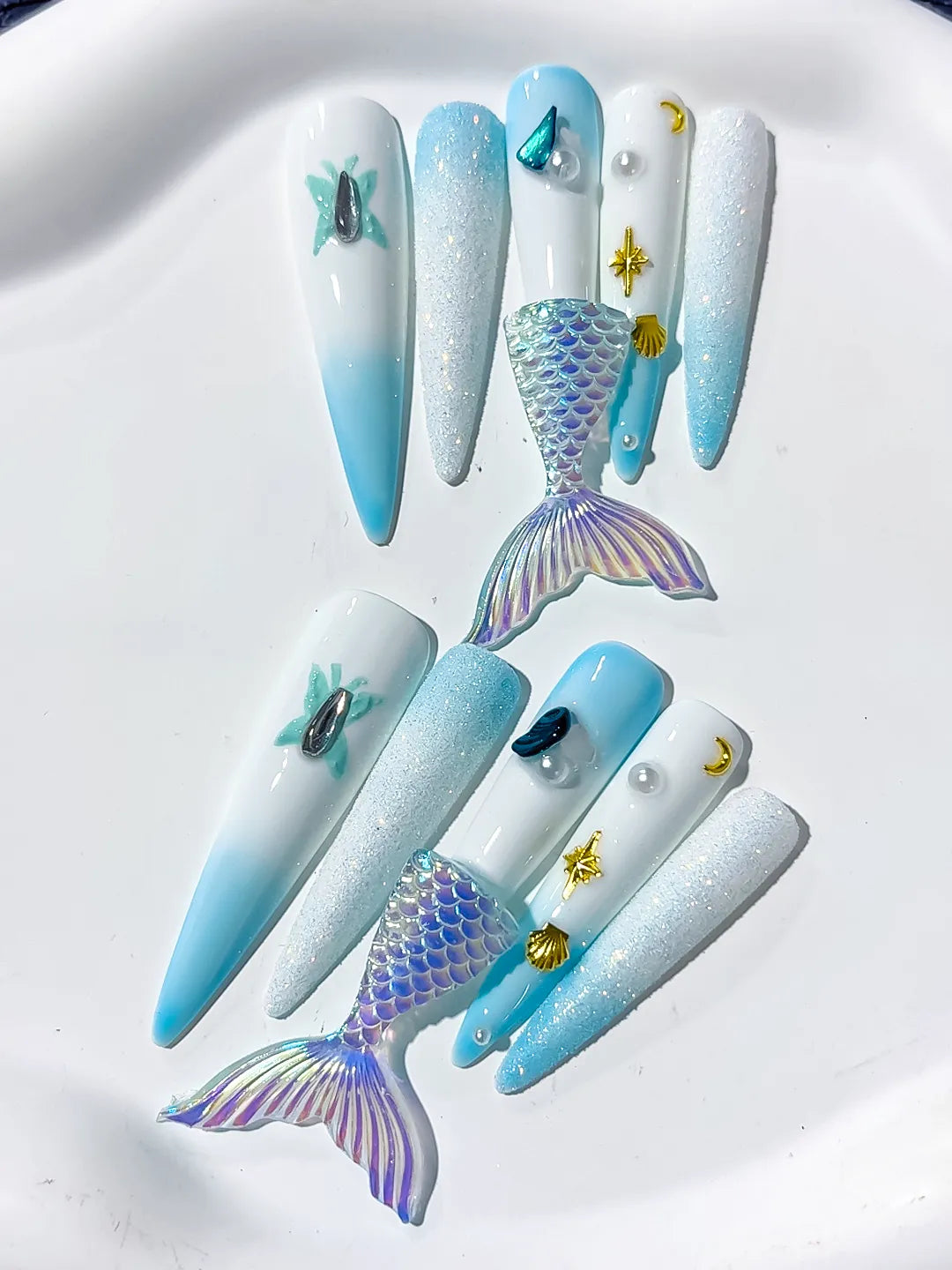 White Blue Gold Silver Multicolor Ombre Mermaid Tail Shell Pearl Starfish 3D press on nails detail view