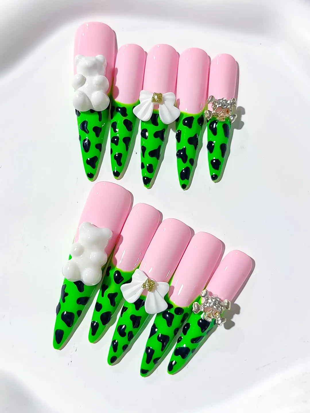 Pink Green White French tip Flower press on nails close up