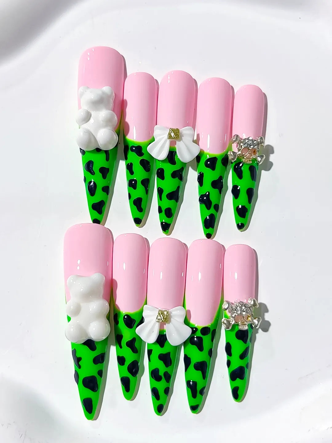 Pink Green White French tip Flower press on nails detail view