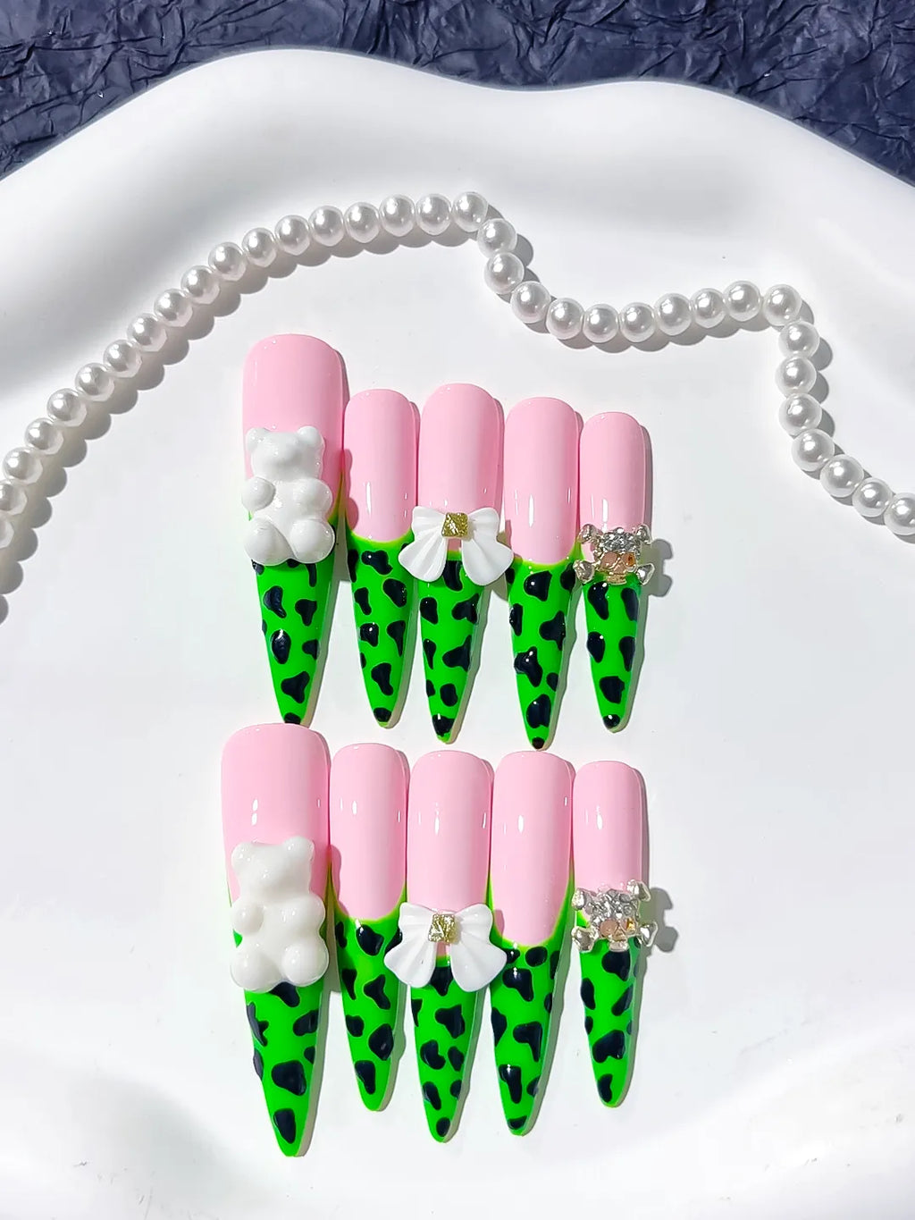Pink Green White French tip Flower press on nails detail view