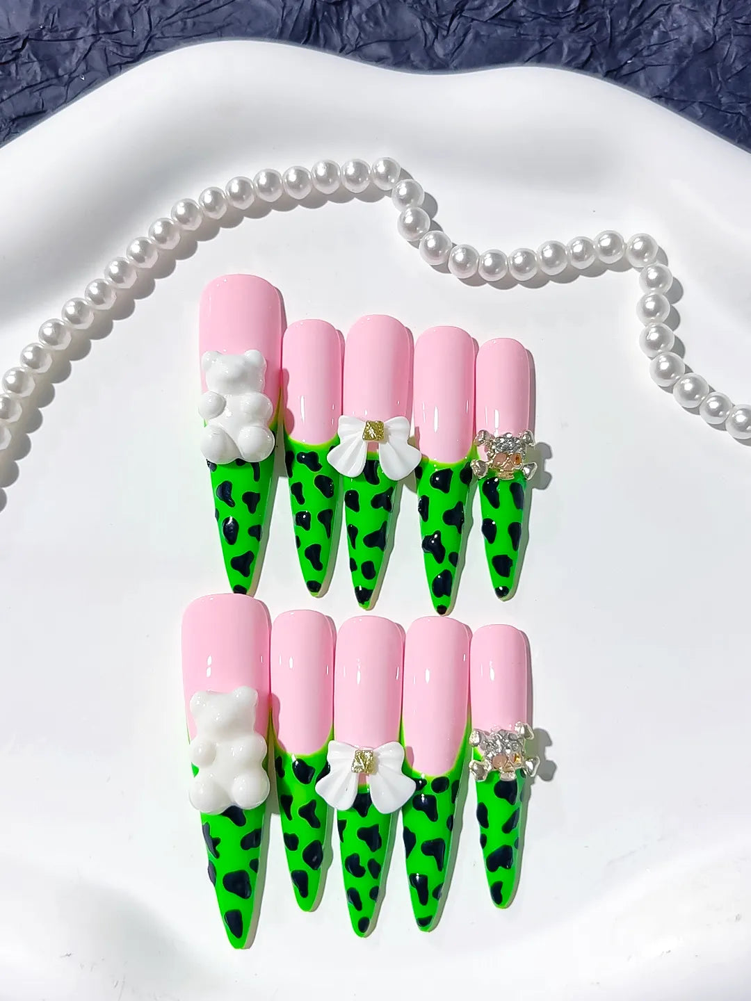 Pink Green White French tip Flower press on nails detail view