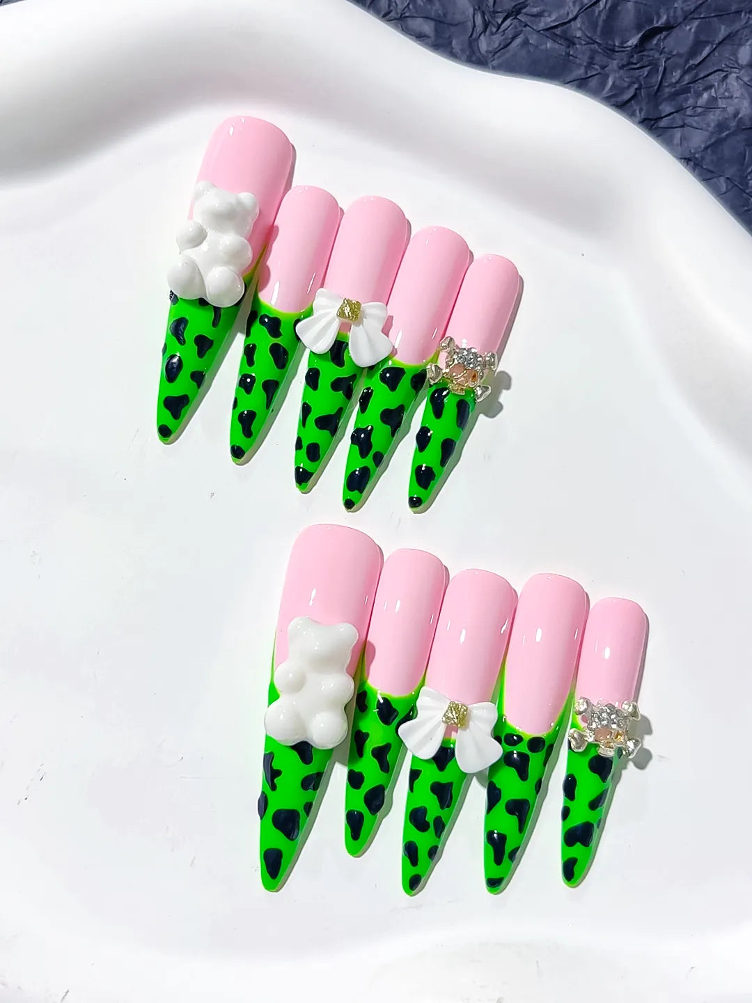 Pink Green White French tip Flower press on nails detail view