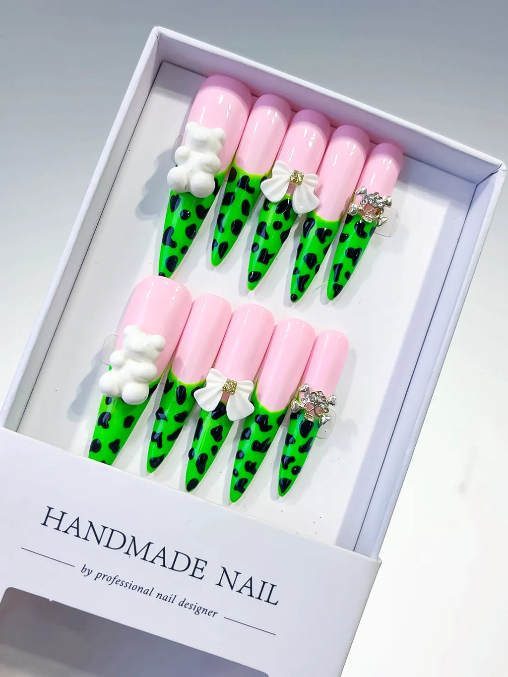 Pink Green White French tip Flower press on nails