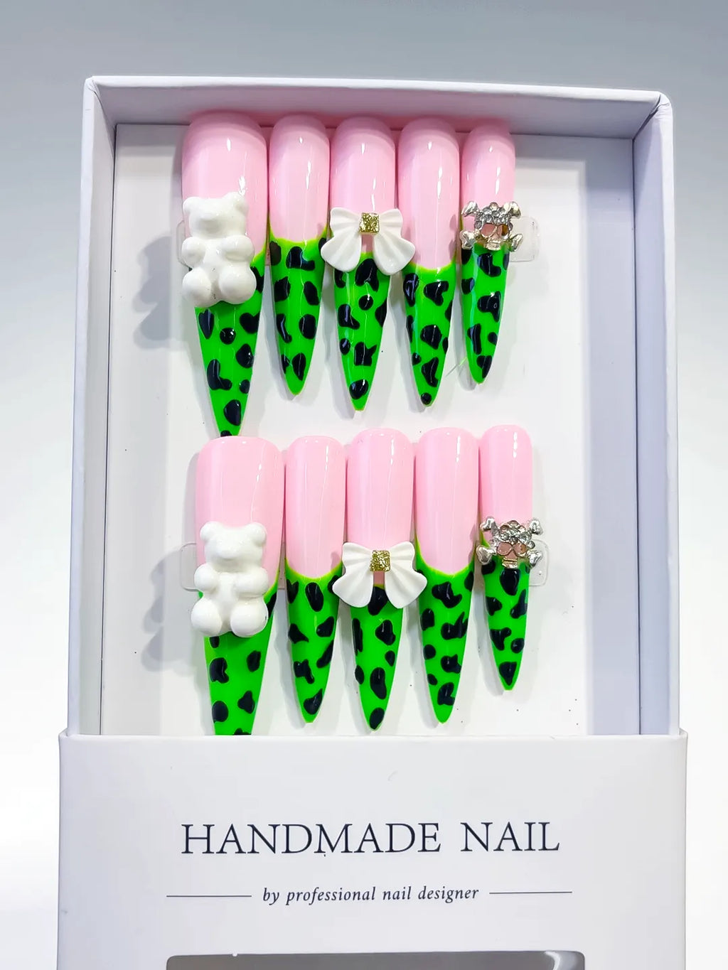 Pink Green White French tip Flower press on nails full set view