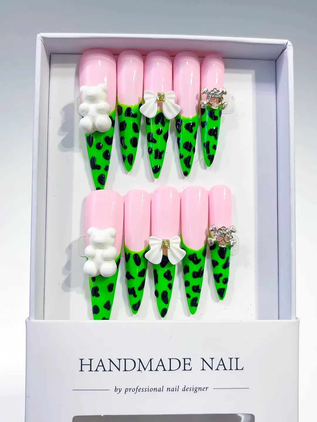 Pink Green White French tip Flower press on nails full set view