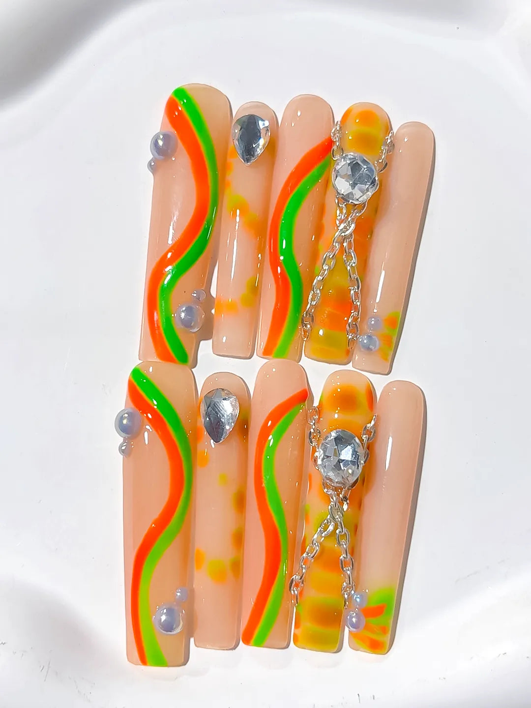Nude Orange Green Yellow Silver Abstract Chain Rhinestone press on nails close up