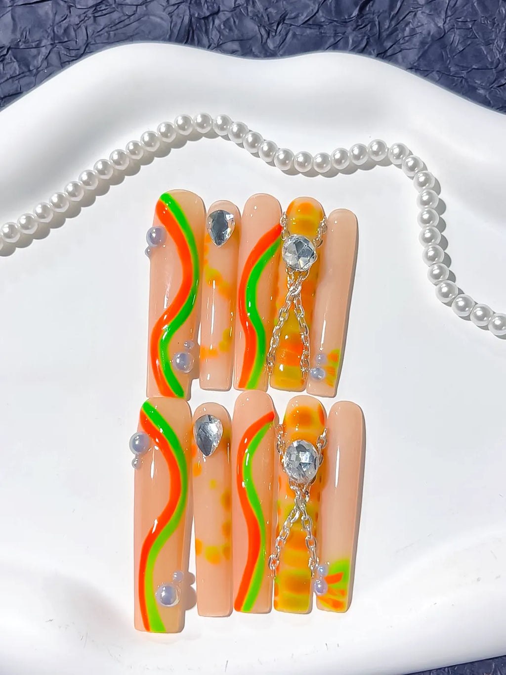 Nude Orange Green Yellow Silver Abstract Chain Rhinestone press on nails detail view