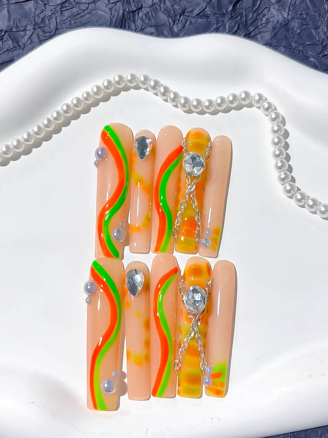 Nude Orange Green Yellow Silver Abstract Chain Rhinestone press on nails detail view