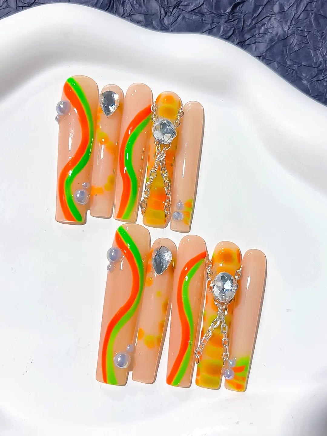 Nude Orange Green Yellow Silver Abstract Chain Rhinestone press on nails detail view