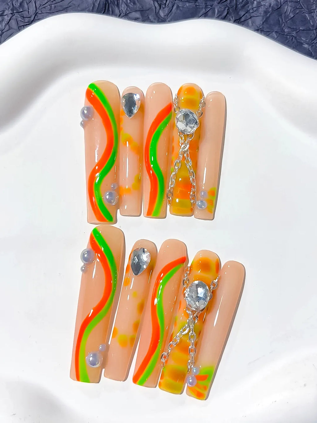 Nude Orange Green Yellow Silver Abstract Chain Rhinestone press on nails detail view