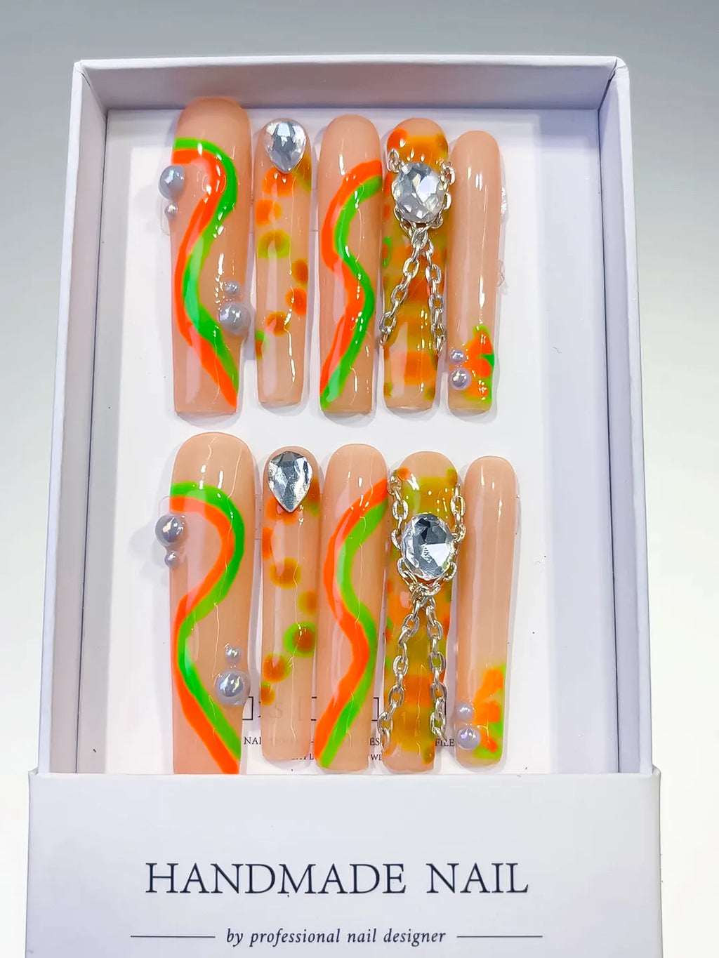 Nude Orange Green Yellow Silver Abstract Chain Rhinestone press on nails full set view