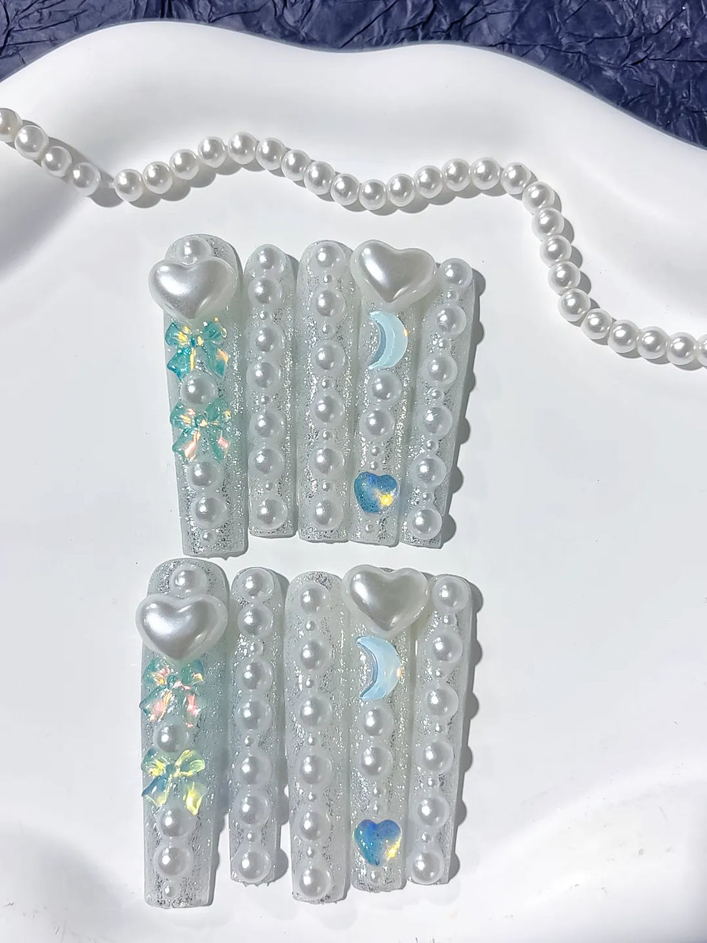 White Multicolor Silver Holographic Heart Rhinestone press on nails detail view